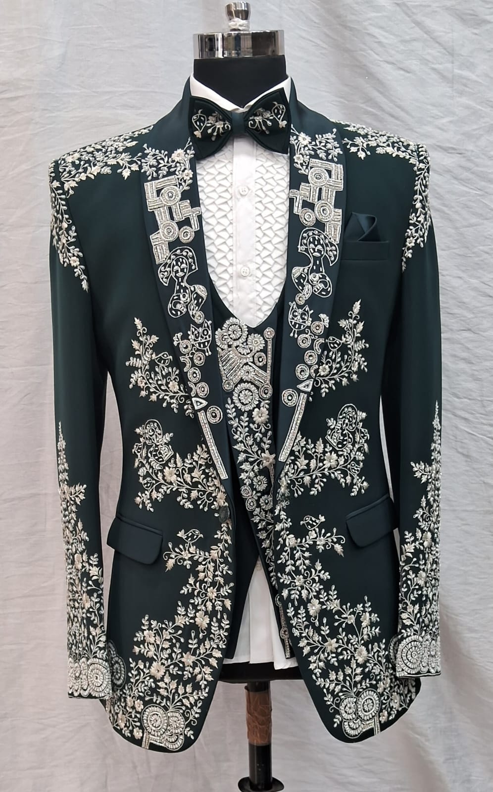 Teal Blue With White Printed Tuxedo Suit